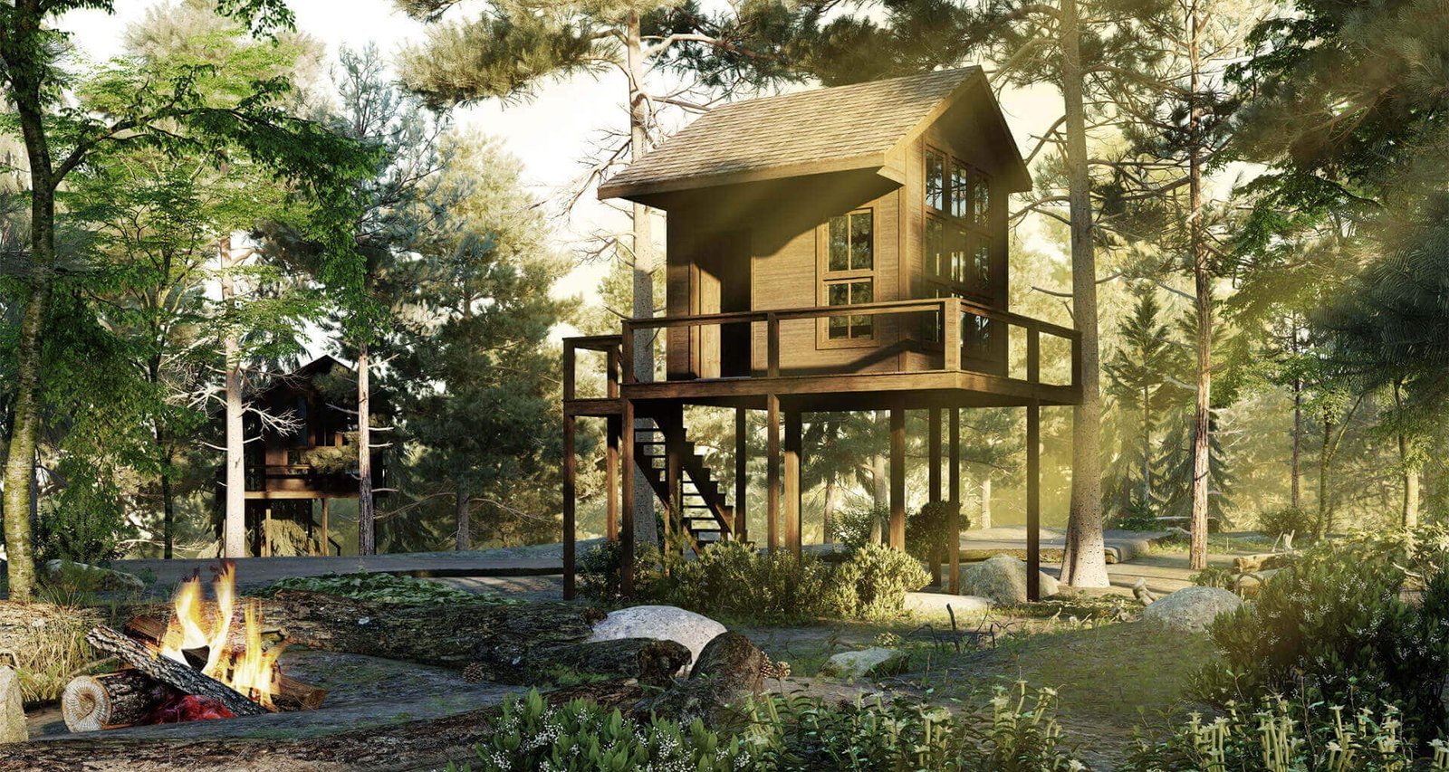 Tree House and Campfire Setting